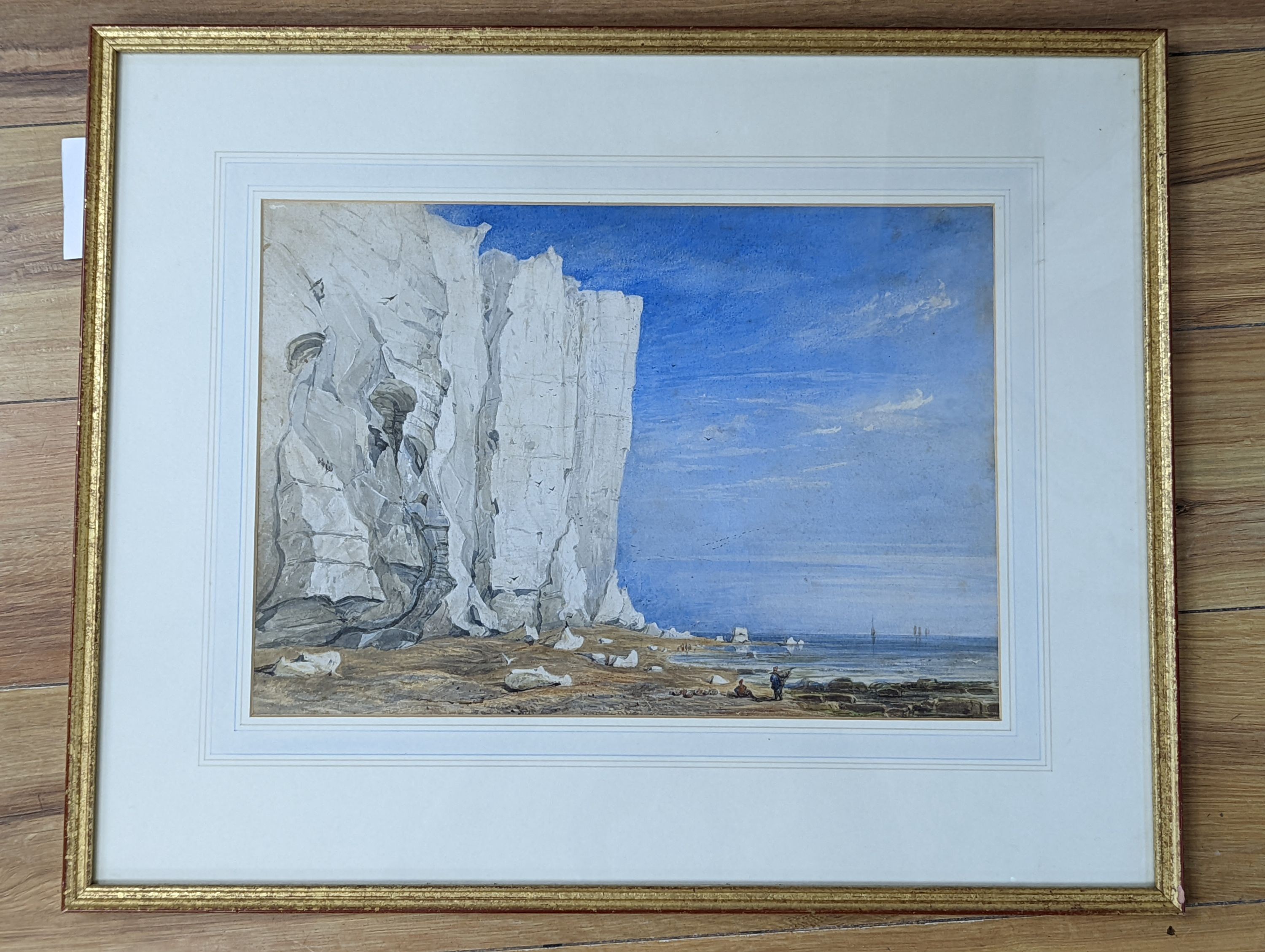 19th century English School, watercolour, Fisherfolk beneath sea cliffs, 28 x 41cm